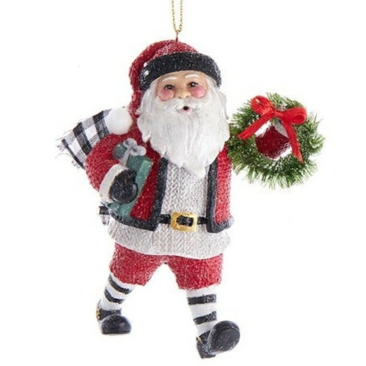 Kurt Adler Gingham Holiday Santa With Wreath Ornament 3 Kurt Adler Gingham Holiday Santa With Wreath Ornament