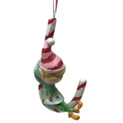 Elf Chilling On Candy Cane Ornament