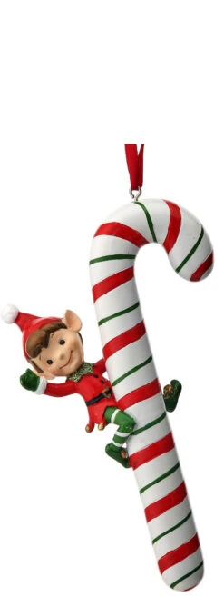 6" Red & Green Elf On Candy Cane Ornament