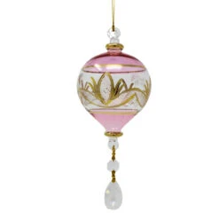 Pink Sphere With Crystal Drops Glass Ornament