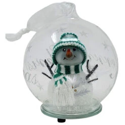 LED Glass Snowman In Green Hat Ornament