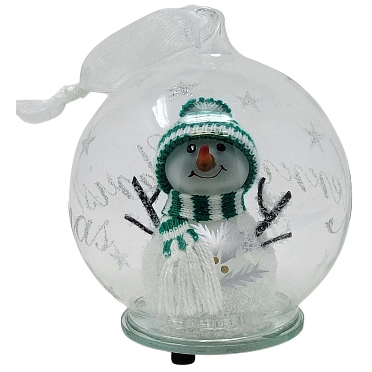 LED Glass Snowman In Green Hat Ornament 3 LED Glass Snowman In Green Hat Ornament
