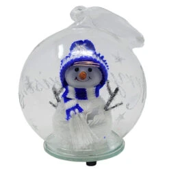 LED Glass Snowman In Blue Hat Ornament