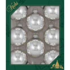 Set Of 8 Bright Silver Glass Ornaments