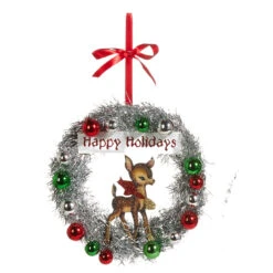 Vintage Reindeer In Silver Wreath "Happy Holidays" Christmas Ornament