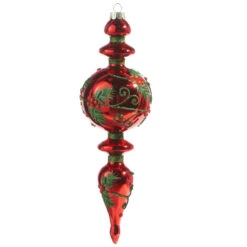Red And Green Holly Finial And Ball Glass Ornament