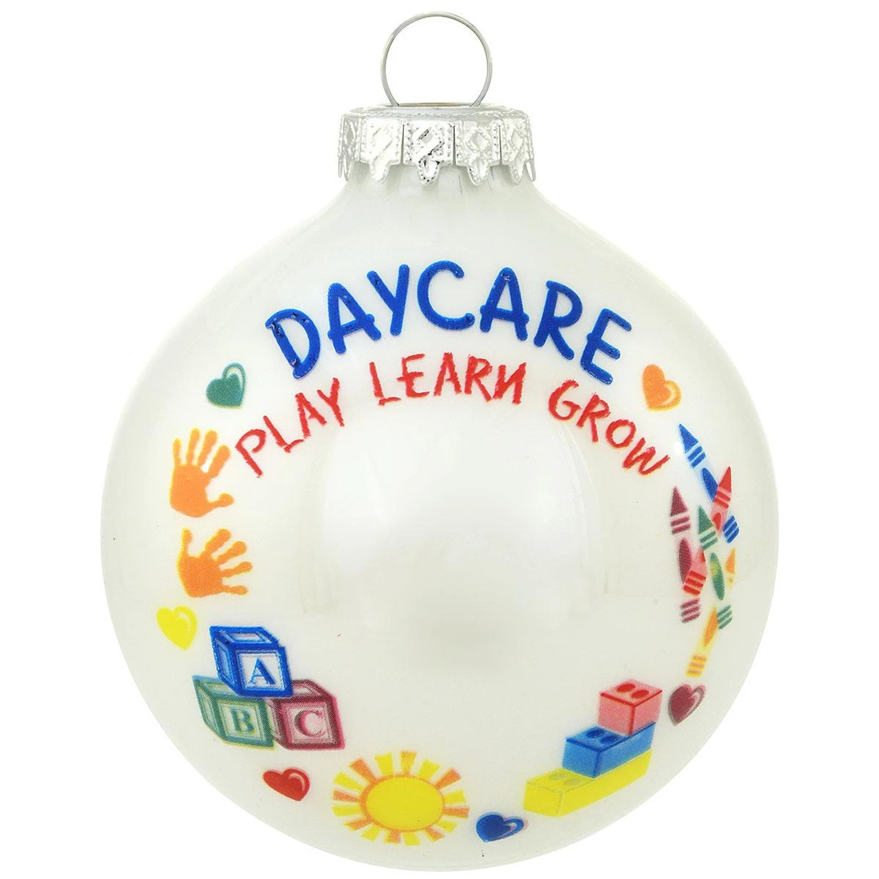 Daycare Play Learn Grow White Glass Ornament 3 Daycare Play Learn Grow White Glass Ornament