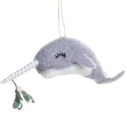 Felt Narwhal Ornament With Mistletoe Trim