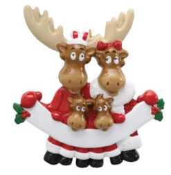Personalized Moose Family Of 4 With Banner Ornament