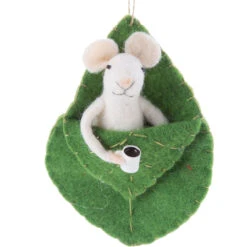 Felt Mouse In A Leaf Sleeping Bag Ornament