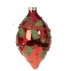 Red And Green Holly Tear Drop Glass Ornament