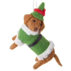 Felt Dachshund In Green Santa Suit Ornament