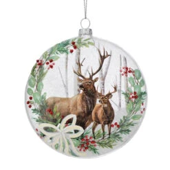 5.5" Glass Deer In The Woods Disc Ornament