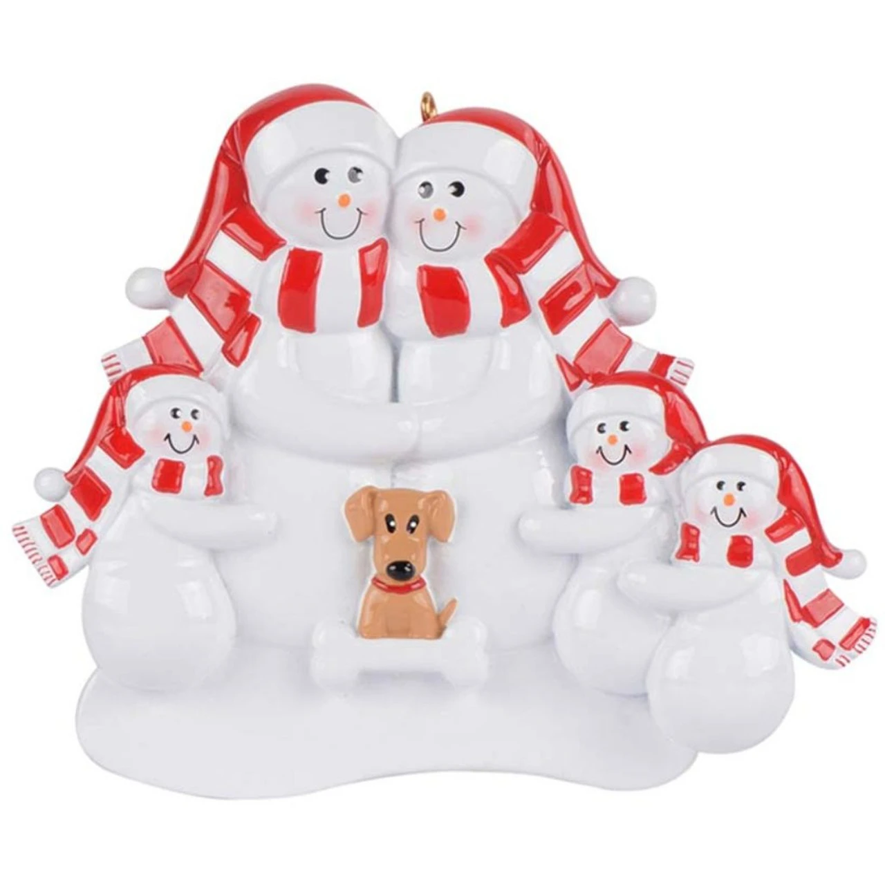 Personalized Snow Family Of 5 With Tan Dog Ornament