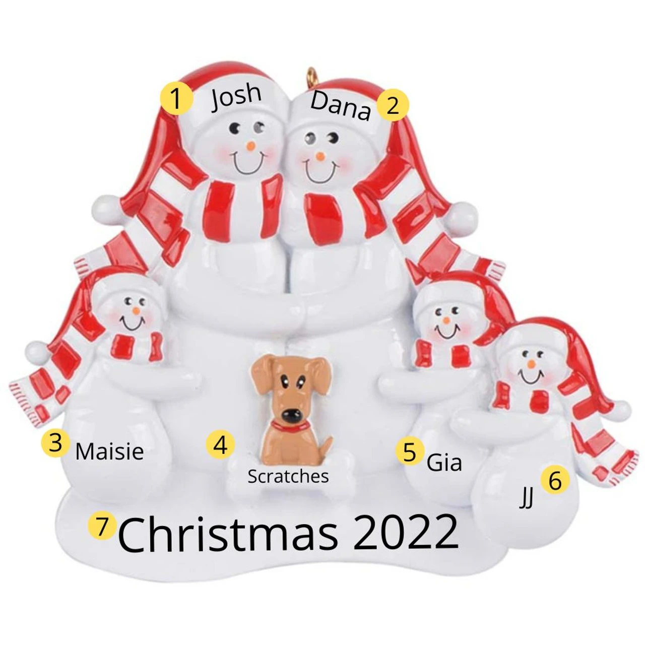 Personalized Snow Family Of 5 With Tan Dog Ornament - Image 2