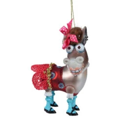 Blown Glass Donkey In A Red Dress Ornament