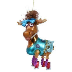 Blown Glass Moose In A Blue Dress Ornament