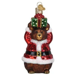 Bear Wearing Santa Suit Blown Glass Ornament