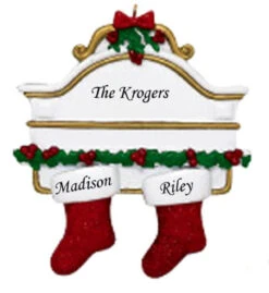 Personalized White Mantle With 2 Red Stockings Ornament