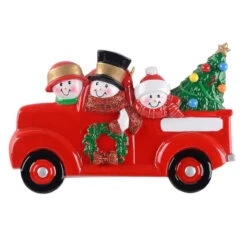 Personalized Snowman Family Of 3 In Red Truck Ornament