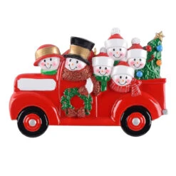 Personalized Snowman Family Of 6 In Red Truck Ornament