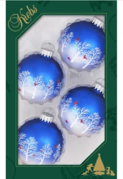 Set Of 4 Winter Trees With Cardinals Glass Ornaments