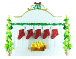 Free Personalization* Family Of 5 Sparkling Red Stockings On Fireplace